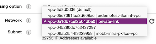 select the private link vpc from dropdown